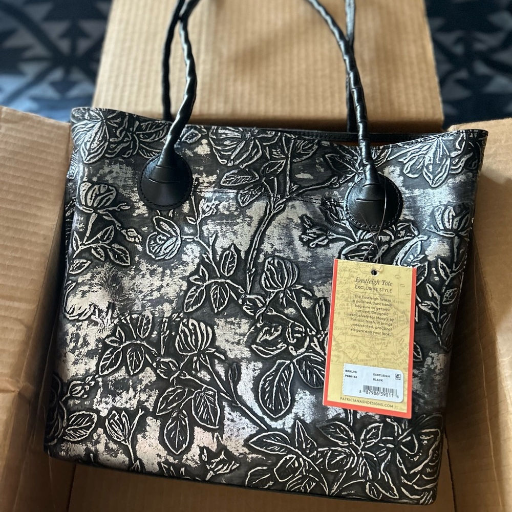 Patricia Nash Eastleigh Black and Silver Leaves pattern Leather Tote